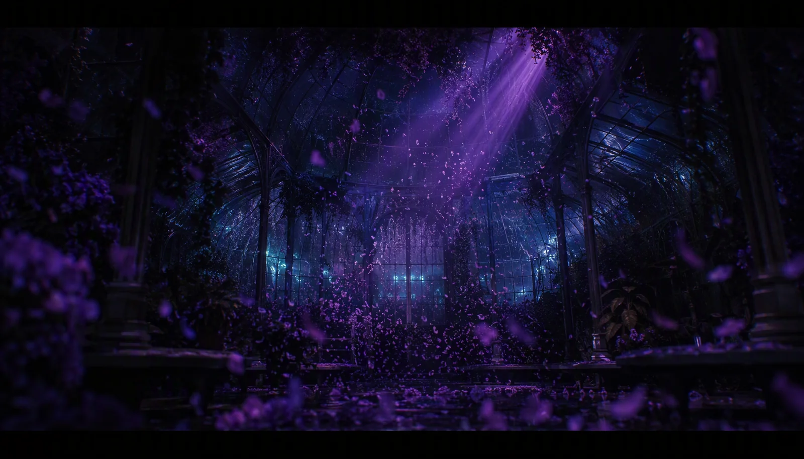 Night glass greenhouse filled with drifting violet petals and a shaft of light